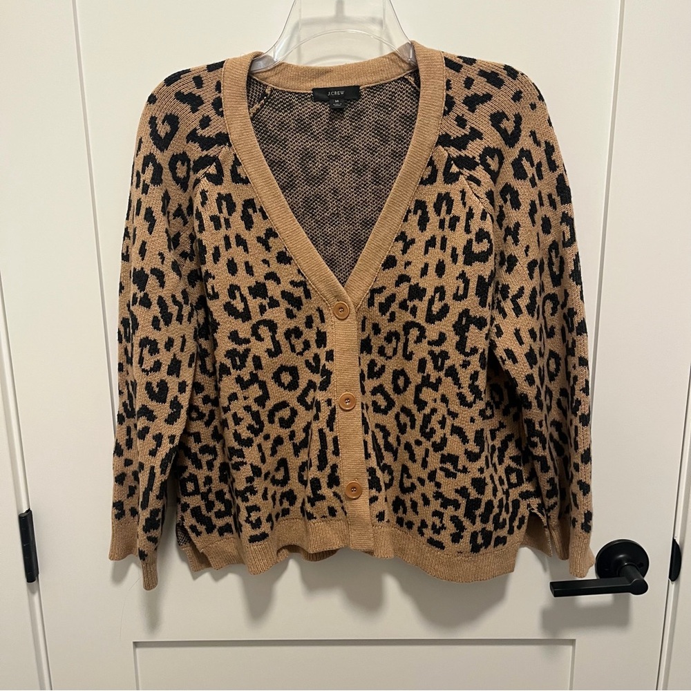 J. Crew Medium V-neck cardigan sweater leopard Relaxed Fit Knit Cotton Wool Crop - Picture 2 of 5